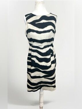 Banana Republic Dress 100% Linen 6p Zebra Print Sheath Sleeveless Lined Party